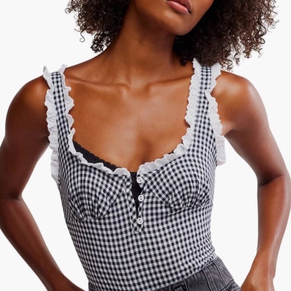 NWT Free People Intimately Cassie Bodysuit in Black and White Gingham